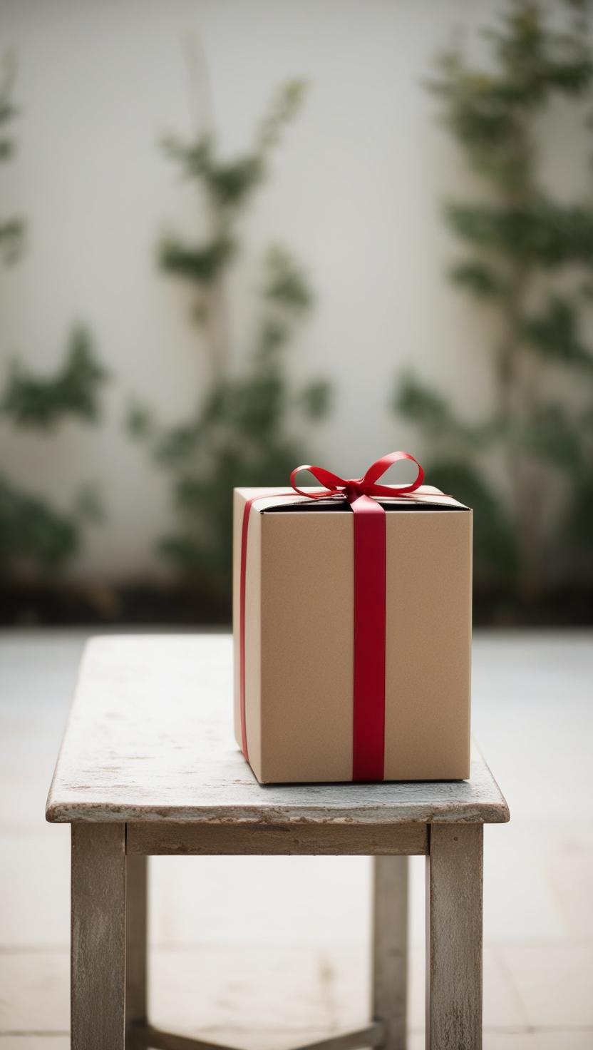 Opakowanie na prezent Slowpresso w prezencie. Czerwona wstążka i kartonowe ekologiczne opakowanie. Karton na ławie. Zawiązana kokarda.